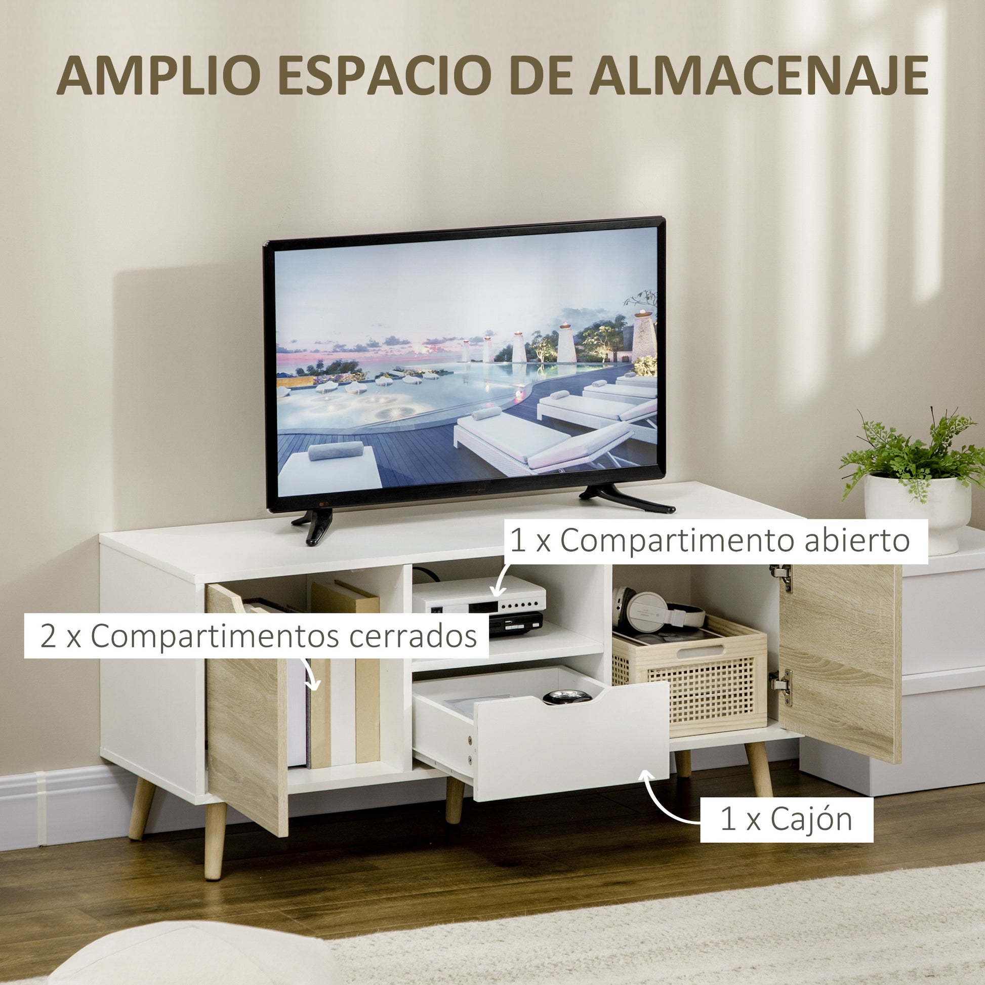 TV Stand with Drawer, 2 Doors, and Compartment TV Stand for TVs up to 50 Inches Sideboard for Living Room Bedroom 110x40x50 cm White and Natural