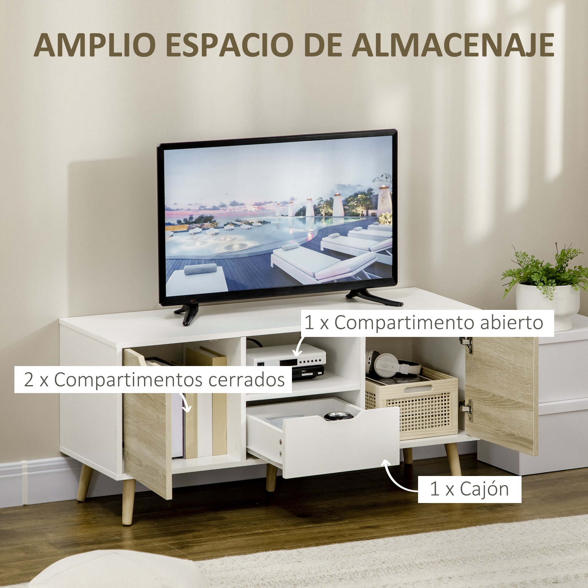 TV Stand with Drawer, 2 Doors, and Compartment TV Stand for TVs up to 50 Inches Sideboard for Living Room Bedroom 110x40x50 cm White and Natural