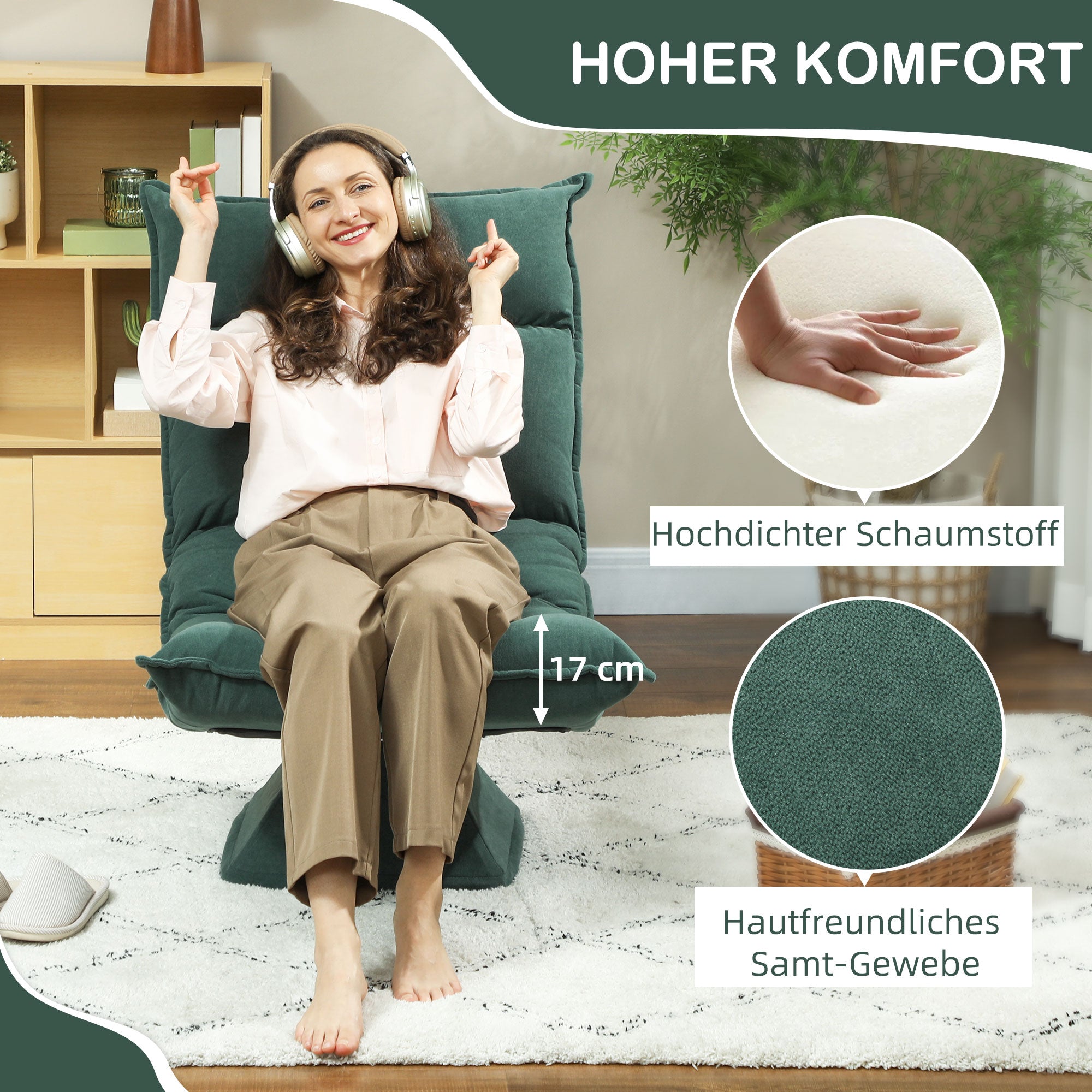 Floor Chair 360° Swivel Floor Seat with 5-Position Adjustable Backrest, Foldable Floor Sofa Meditation Chair Padded Lazy Sofa for Living Room Gaming & Reading Green
