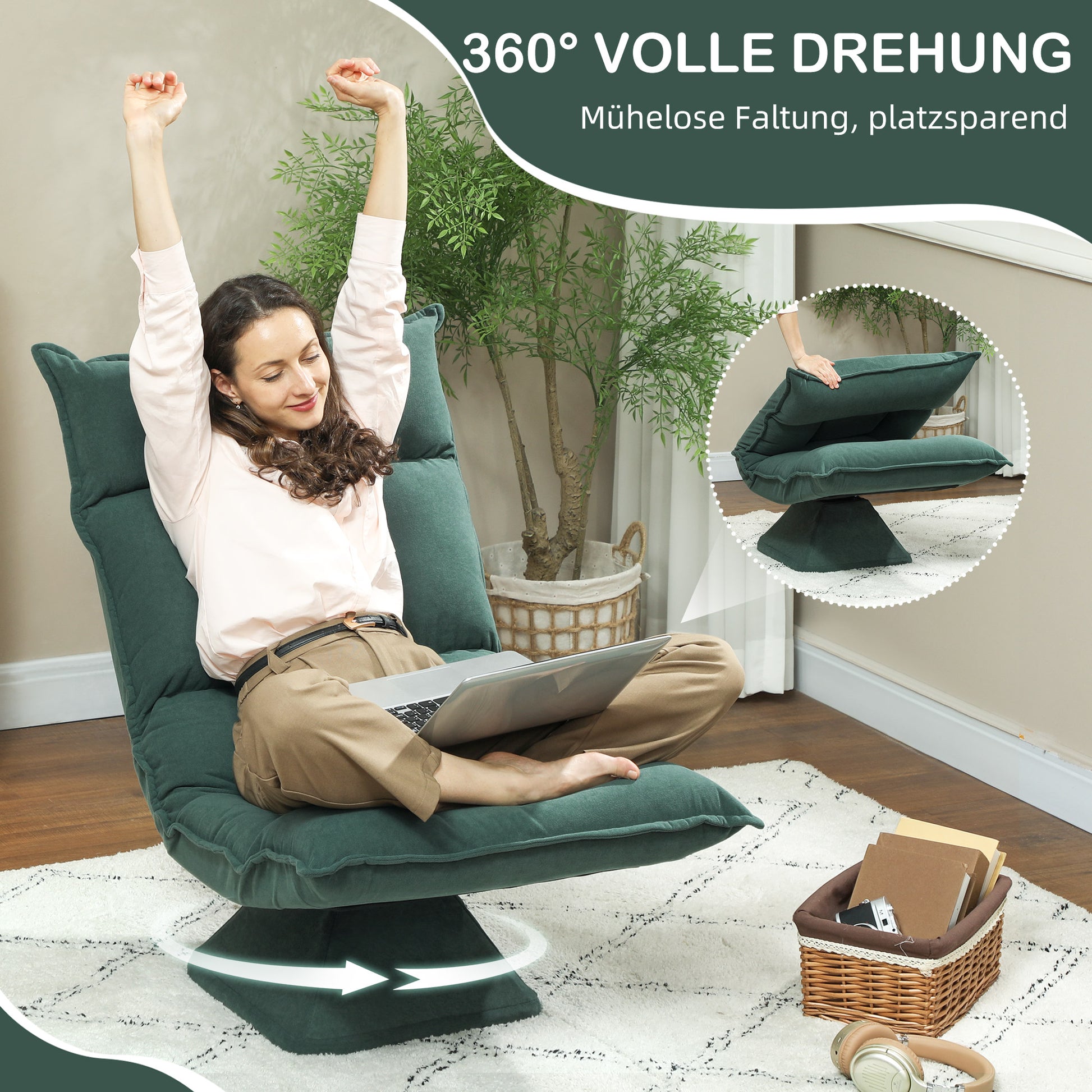 Floor Chair 360° Swivel Floor Seat with 5-Position Adjustable Backrest, Foldable Floor Sofa Meditation Chair Padded Lazy Sofa for Living Room Gaming & Reading Green
