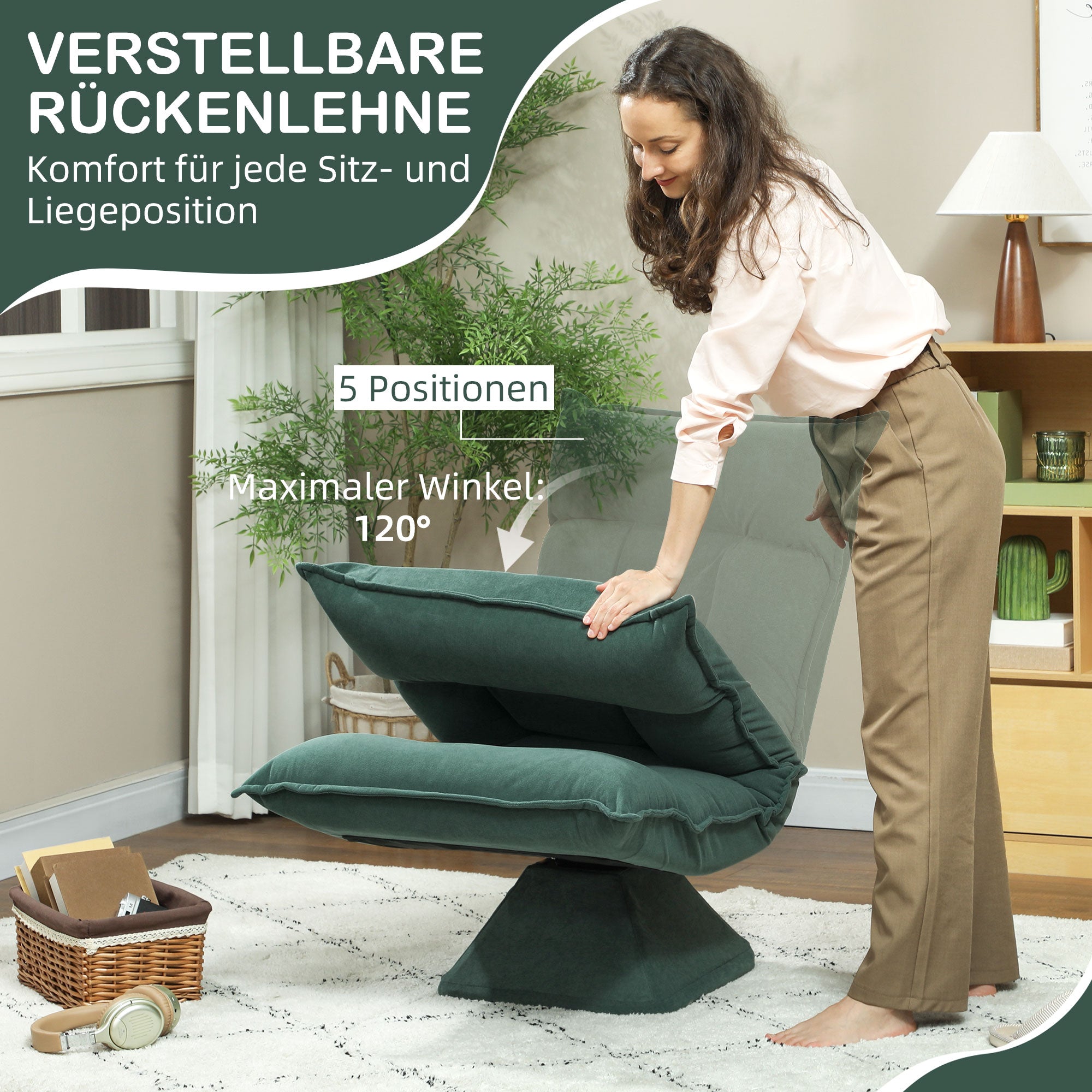Floor Chair 360° Swivel Floor Seat with 5-Position Adjustable Backrest, Foldable Floor Sofa Meditation Chair Padded Lazy Sofa for Living Room Gaming & Reading Green