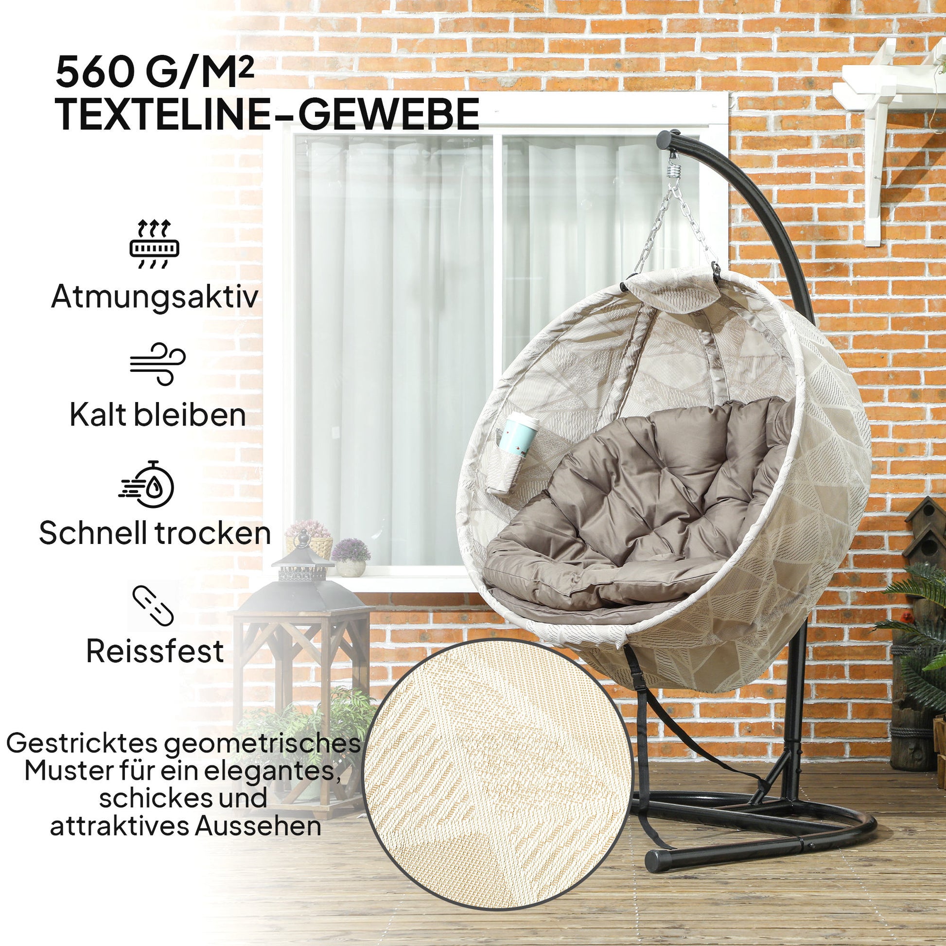 Egg-Shaped Hanging Chair with Stand, Foldable Hanging Swing with Cup Holder, Removable Washable Seat, U-Frame, Hammock, Rocking Chair for Patio, Garden, Sand