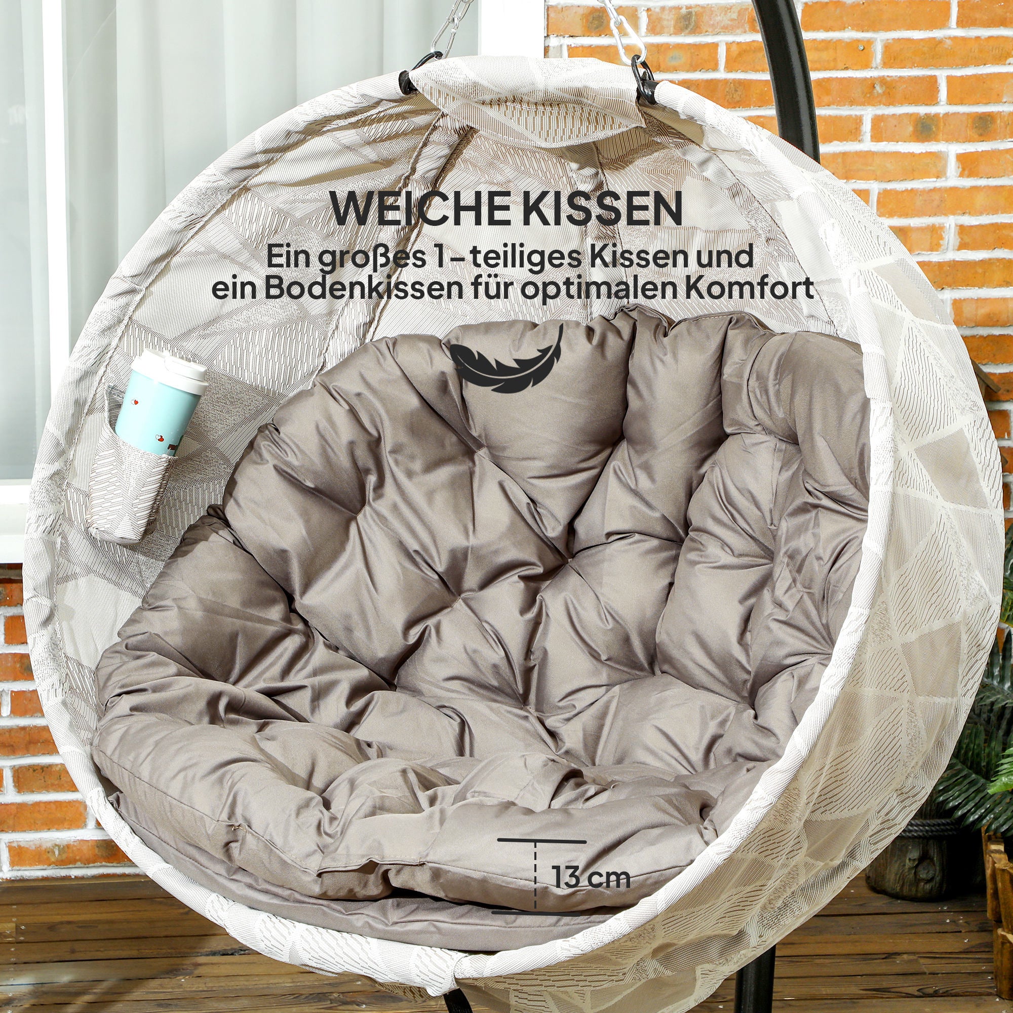 Egg-Shaped Hanging Chair with Stand, Foldable Hanging Swing with Cup Holder, Removable Washable Seat, U-Frame, Hammock, Rocking Chair for Patio, Garden, Sand