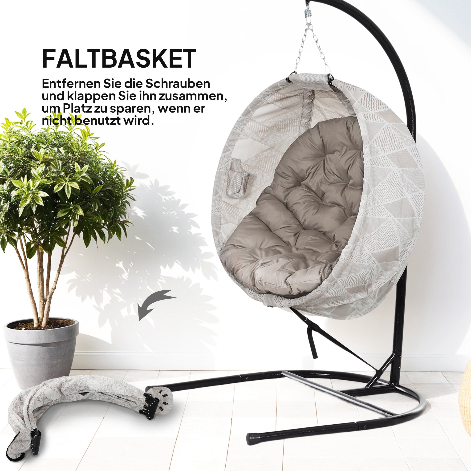 Egg-Shaped Hanging Chair with Stand, Foldable Hanging Swing with Cup Holder, Removable Washable Seat, U-Frame, Hammock, Rocking Chair for Patio, Garden, Sand