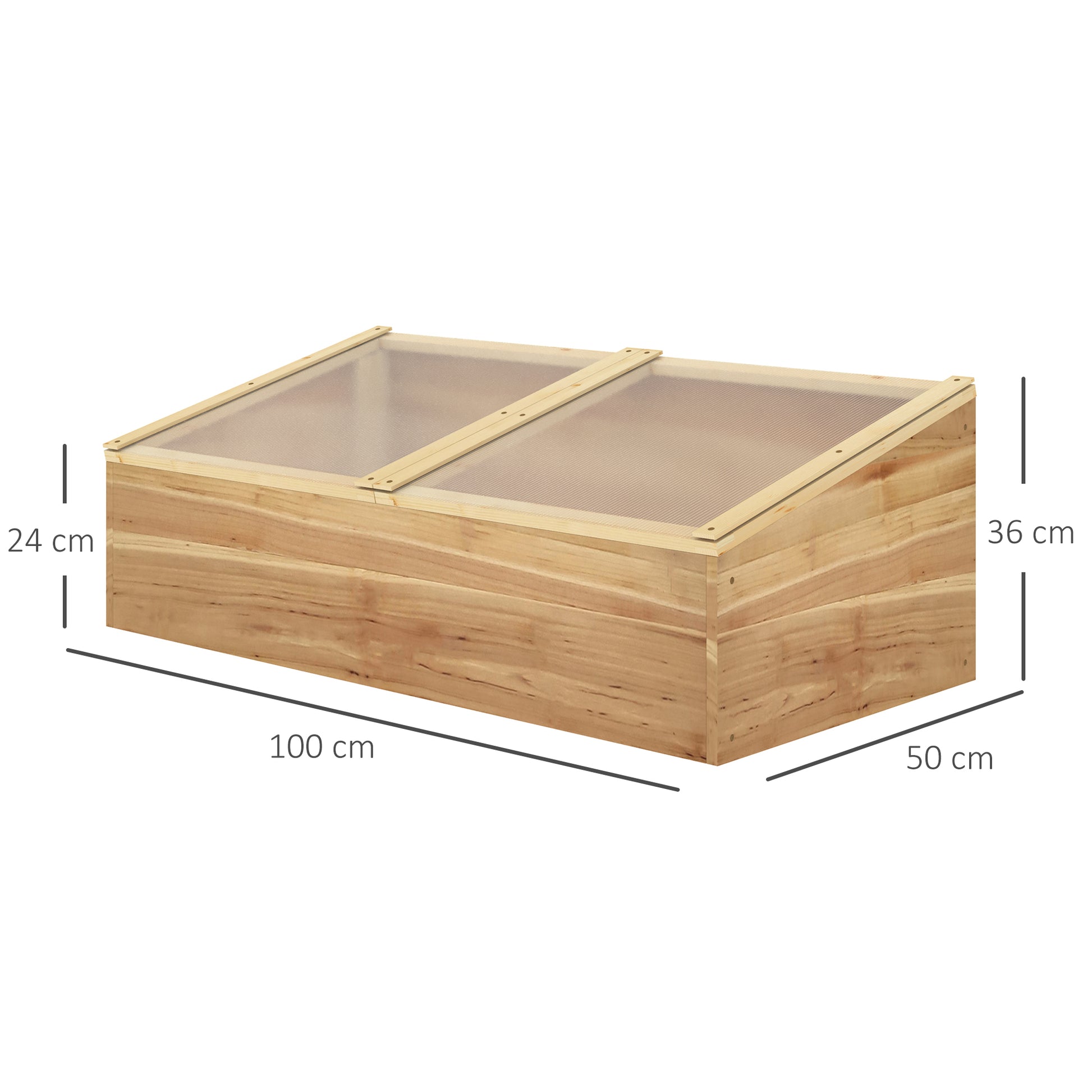 Mini Garden Greenhouse Greenhouse for seedlings dim. 100L x 50W x 36H cm Roof 2 independently opening panels Polycarbonate Panels Pre-Oiled Spruce Wood