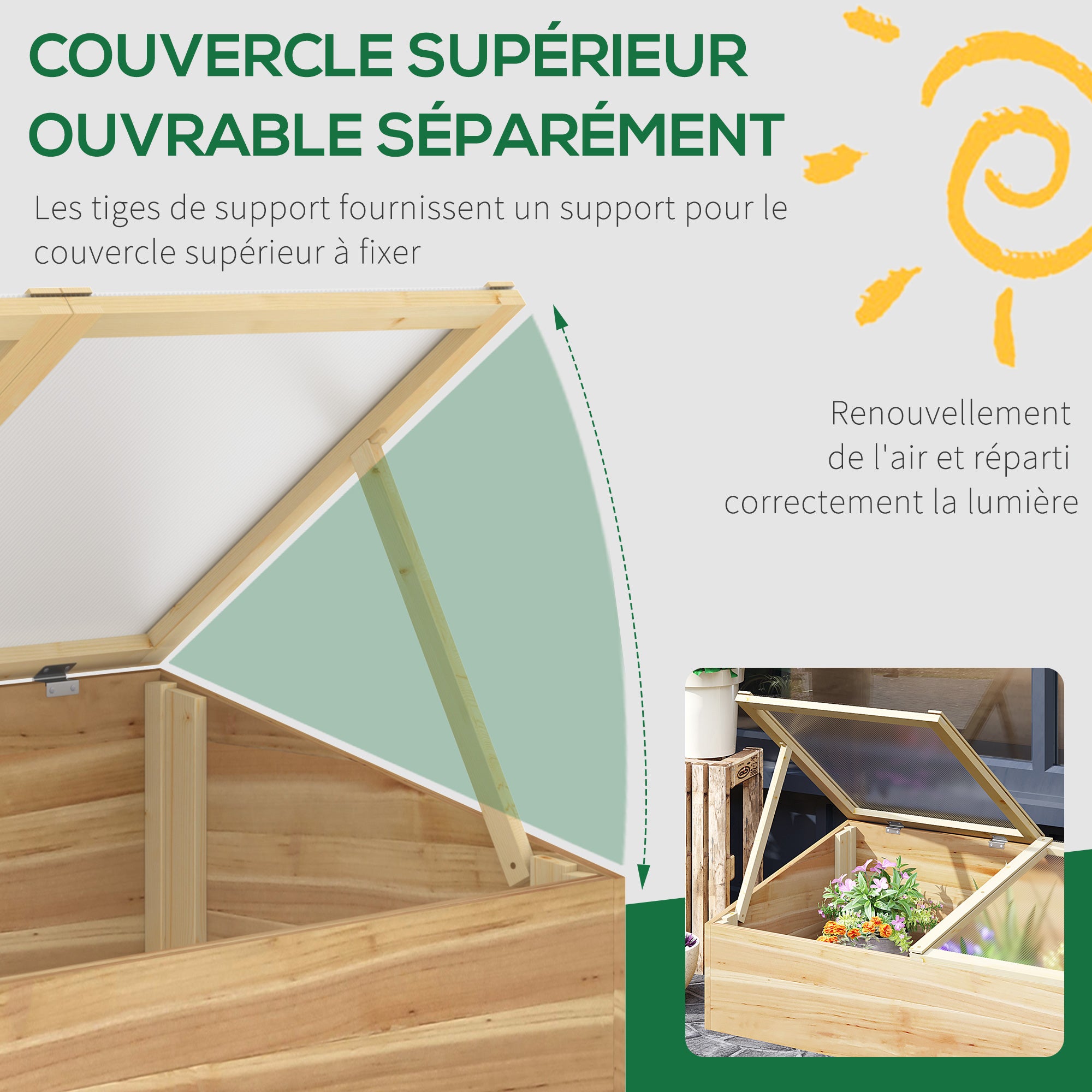 Mini Garden Greenhouse Greenhouse for seedlings dim. 100L x 50W x 36H cm Roof 2 independently opening panels Polycarbonate Panels Pre-Oiled Spruce Wood