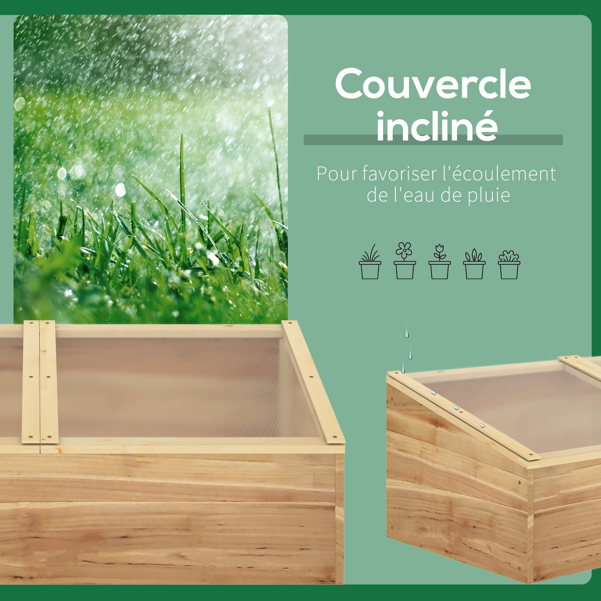 Mini Garden Greenhouse Greenhouse for seedlings dim. 100L x 50W x 36H cm Roof 2 independently opening panels Polycarbonate Panels Pre-Oiled Spruce Wood
