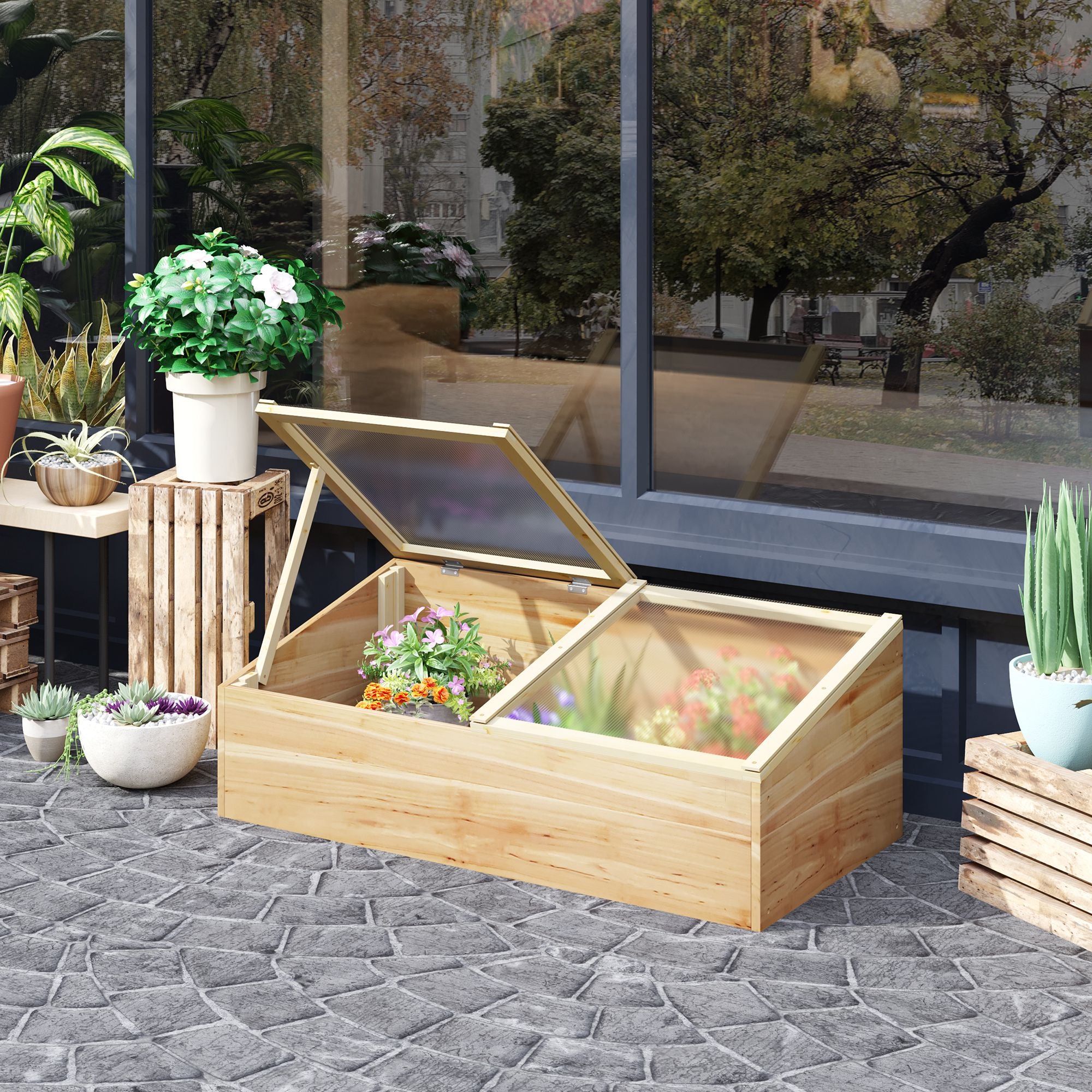 Mini Garden Greenhouse Greenhouse for seedlings dim. 100L x 50W x 36H cm Roof 2 independently opening panels Polycarbonate Panels Pre-Oiled Spruce Wood