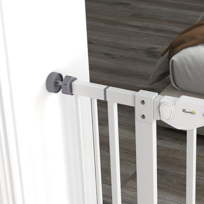 Pet Safety Gate with 1 Small Door 74-101x104.1 cm Expandable Pet Gate with Automatic Locking System and Double Lock for Doorway Stairway Hallway White