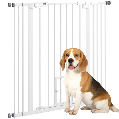 Pet Safety Gate with 1 Small Door 74-101x104.1 cm Expandable Pet Gate with Automatic Locking System and Double Lock for Doorway Stairway Hallway White