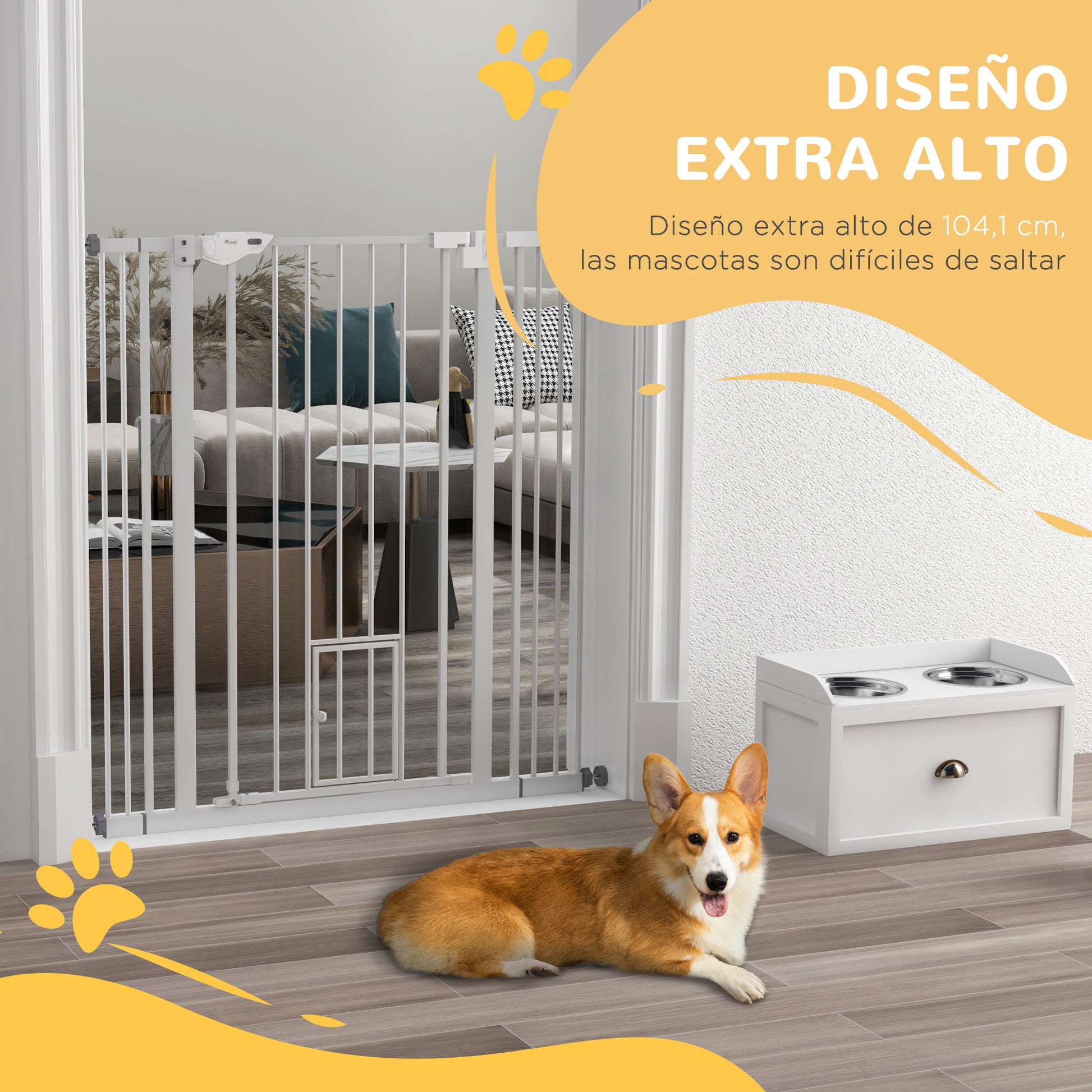 Pet Safety Gate with 1 Small Door 74-101x104.1 cm Expandable Pet Gate with Automatic Locking System and Double Lock for Doorway Stairway Hallway White
