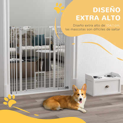 Pet Safety Gate with 1 Small Door 74-101x104.1 cm Expandable Pet Gate with Automatic Locking System and Double Lock for Doorway Stairway Hallway White