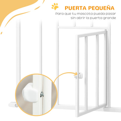 Pet Safety Gate with 1 Small Door 74-101x104.1 cm Expandable Pet Gate with Automatic Locking System and Double Lock for Doorway Stairway Hallway White