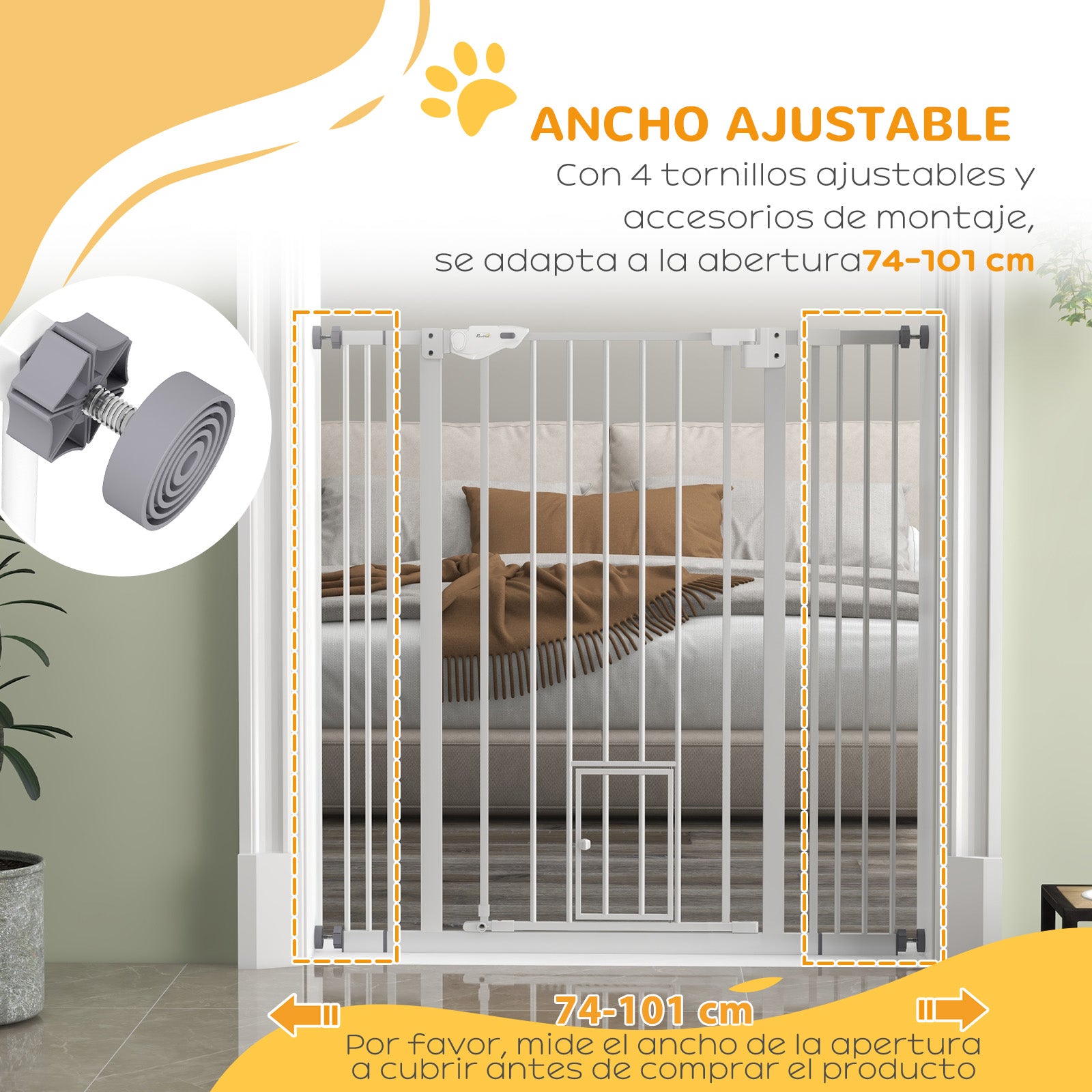Pet Safety Gate with 1 Small Door 74-101x104.1 cm Expandable Pet Gate with Automatic Locking System and Double Lock for Doorway Stairway Hallway White