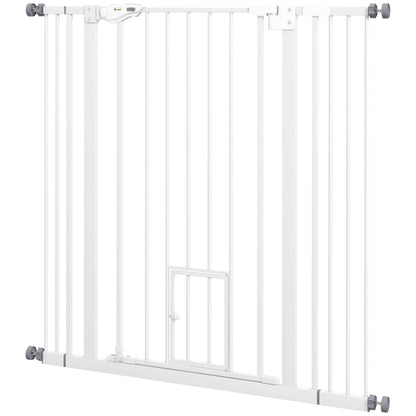 Pet Safety Gate with 1 Small Door 74-101x104.1 cm Expandable Pet Gate with Automatic Locking System and Double Lock for Doorway Stairway Hallway White