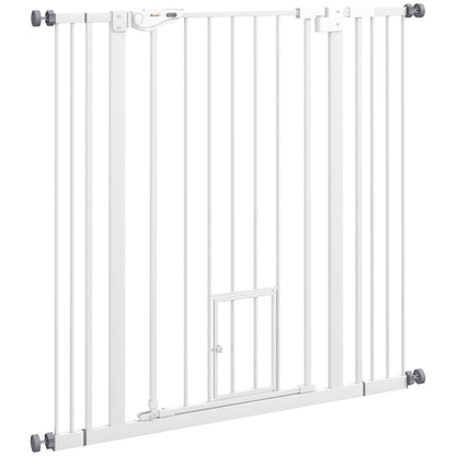Pet Safety Gate with 1 Small Door 74-101x104.1 cm Expandable Pet Gate with Automatic Locking System and Double Lock for Doorway Stairway Hallway White