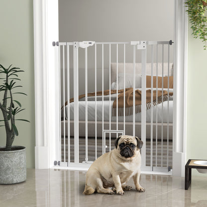 Pet Safety Gate with 1 Small Door 74-101x104.1 cm Expandable Pet Gate with Automatic Locking System and Double Lock for Doorway Stairway Hallway White