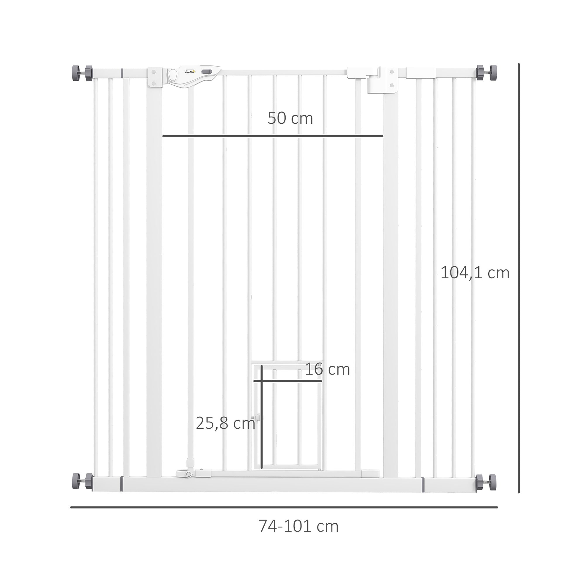 Pet Safety Gate with 1 Small Door 74-101x104.1 cm Expandable Pet Gate with Automatic Locking System and Double Lock for Doorway Stairway Hallway White