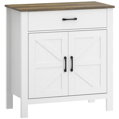 Sideboard, Storage Cabinet with 2 Barn Doors, Drawer & Adjustable Shelf, Rustic Style Buffet for Dining Room & Kitchen, 30.3 x 15.5 x 32.1 in, White and Brown