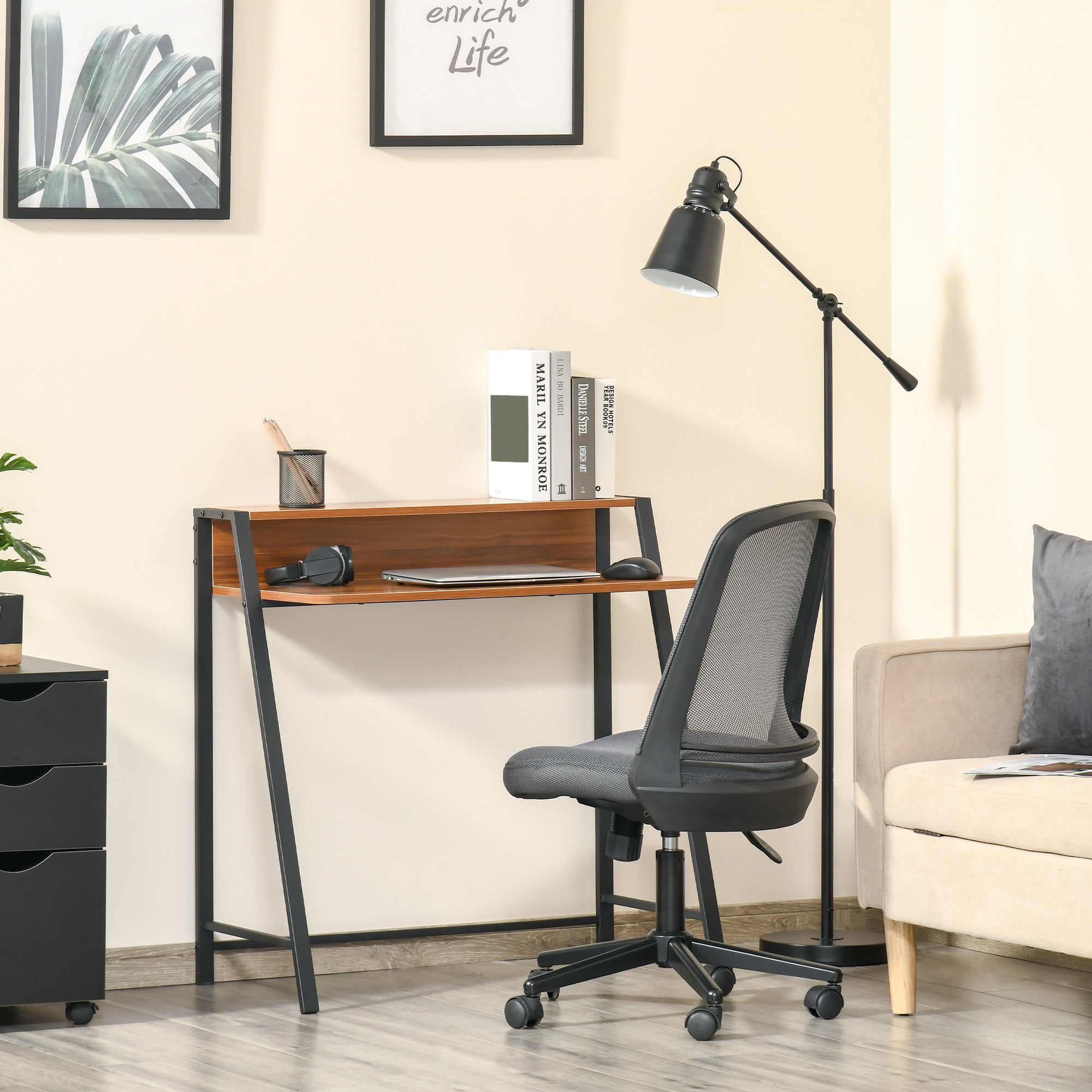 Desk, Computer Desk with Shelf and Cable Management, Modern Desk with Metal Frame for Study Room, Bedroom, Home Office, 84 x 45 x 85 cm, Walnut+Black