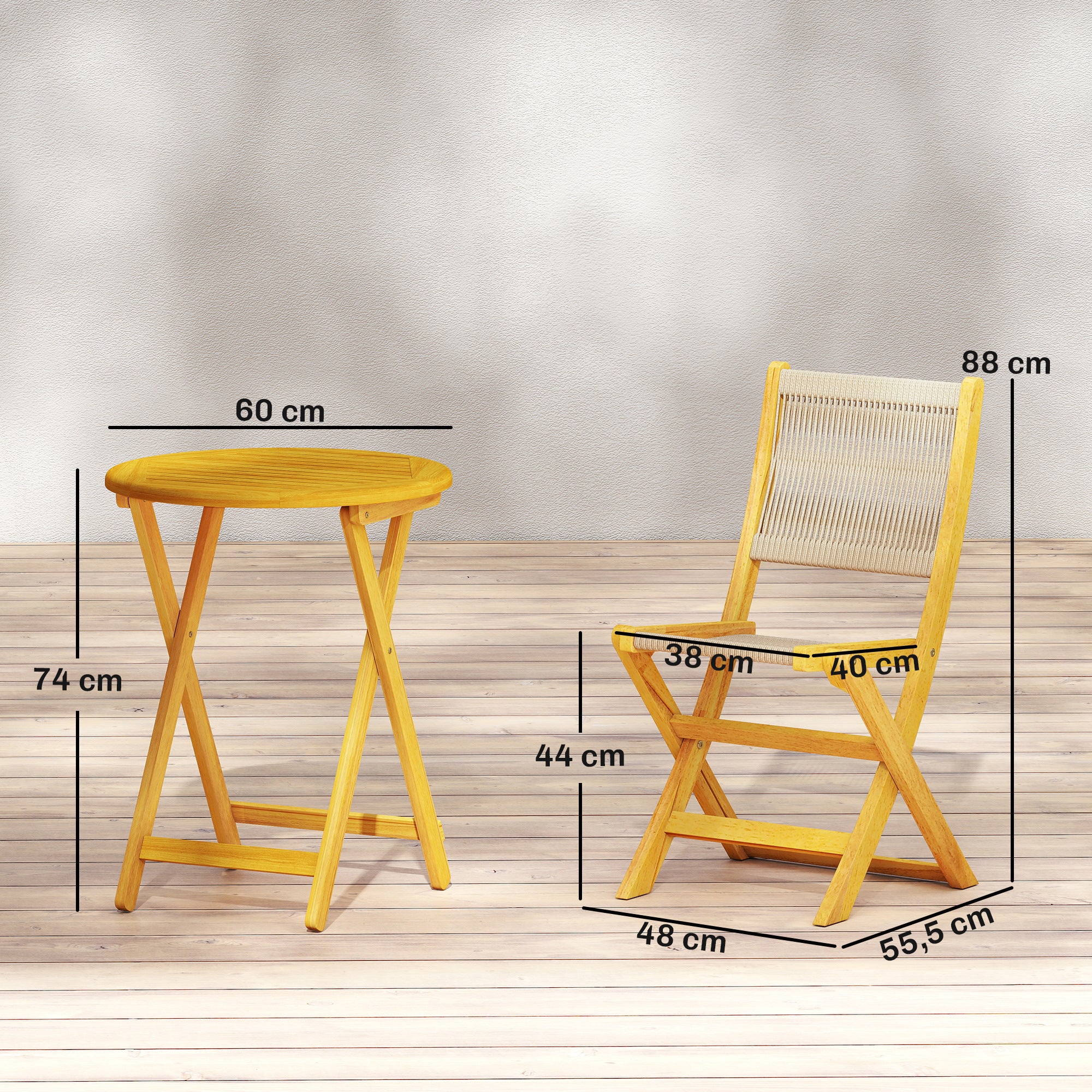 3-Piece Outdoor Acacia Wood Bistro Set – Round Table & 2 Folding PP Rope Chairs, Natural