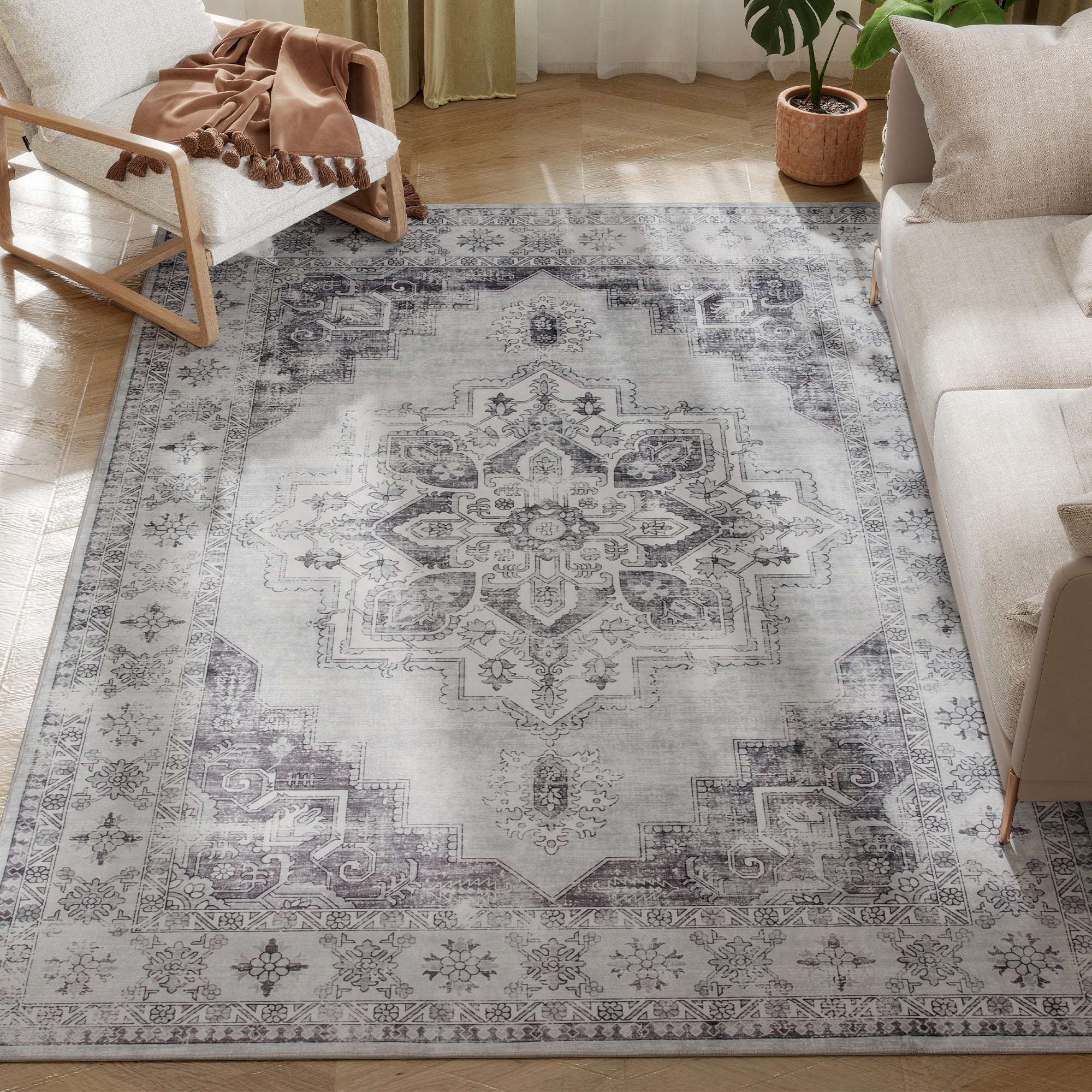 Machine-Washable Anti-Slip Vintage Flannel Short-Pile Area Rug for Living Room, Kitchen, Patio & Balcony, 90.6 x 63 in, Gray