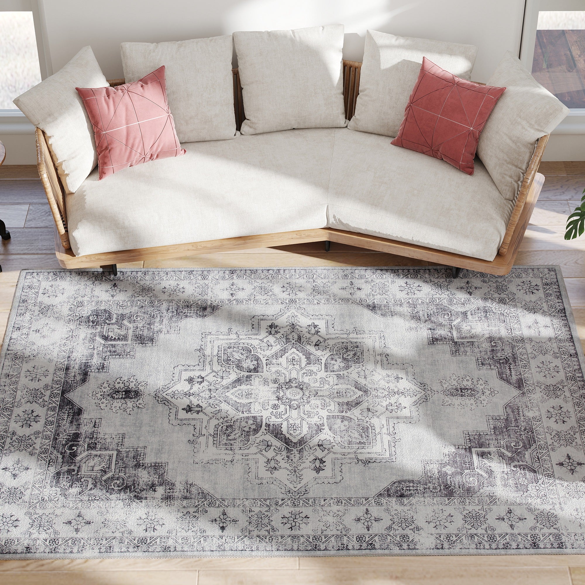 Machine-Washable Anti-Slip Vintage Flannel Short-Pile Area Rug for Living Room, Kitchen, Patio & Balcony, 90.6 x 63 in, Gray
