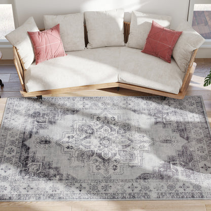 Machine-Washable Anti-Slip Vintage Flannel Short-Pile Area Rug for Living Room, Kitchen, Patio & Balcony, 90.6 x 63 in, Gray