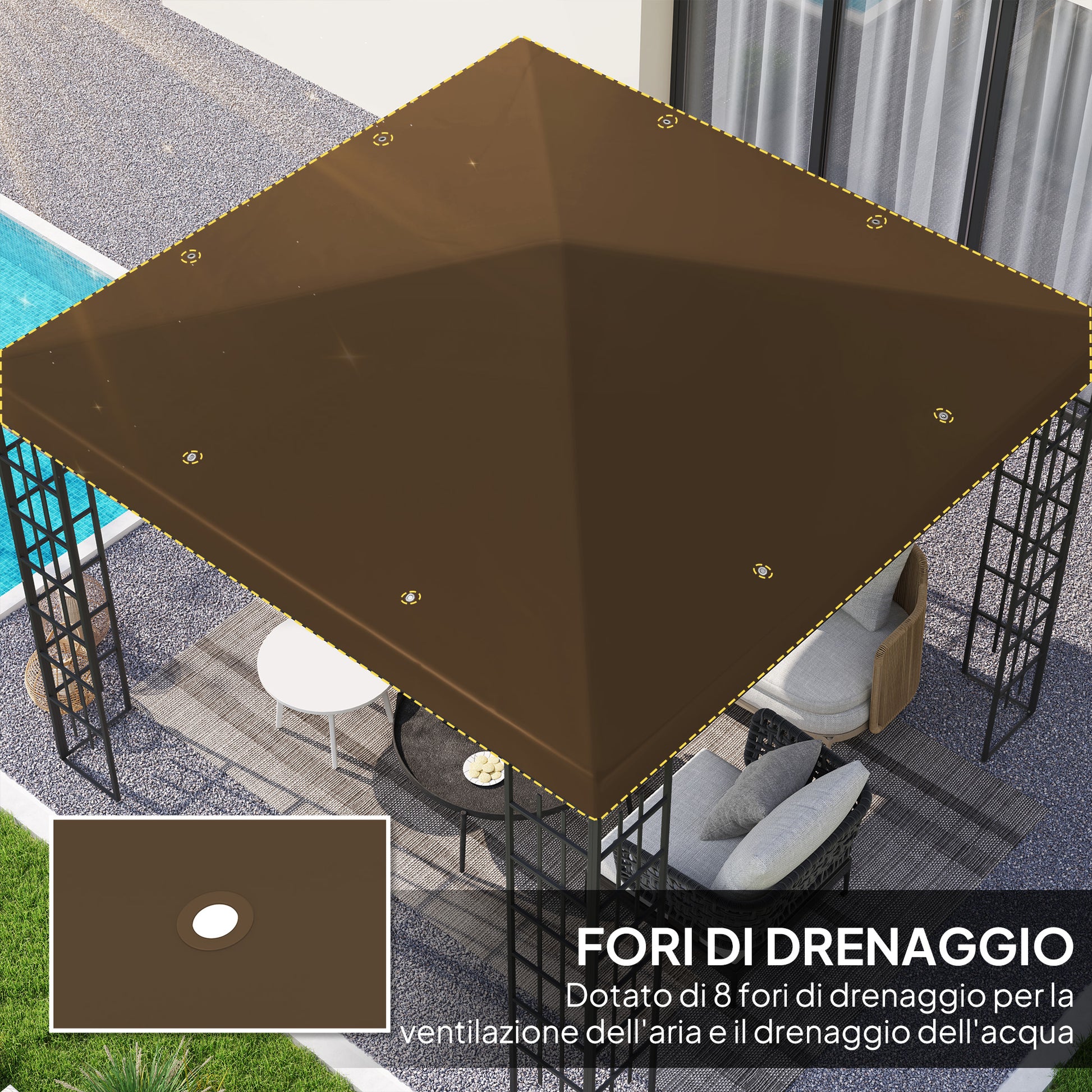 Replacement Roof for 3x3m Garden Gazebo, Water-Resistant Gazebo Cover in Brown Oxford 600D Fabric 370g/㎡ Anti-UV 30+ with 8 Drainage Holes
