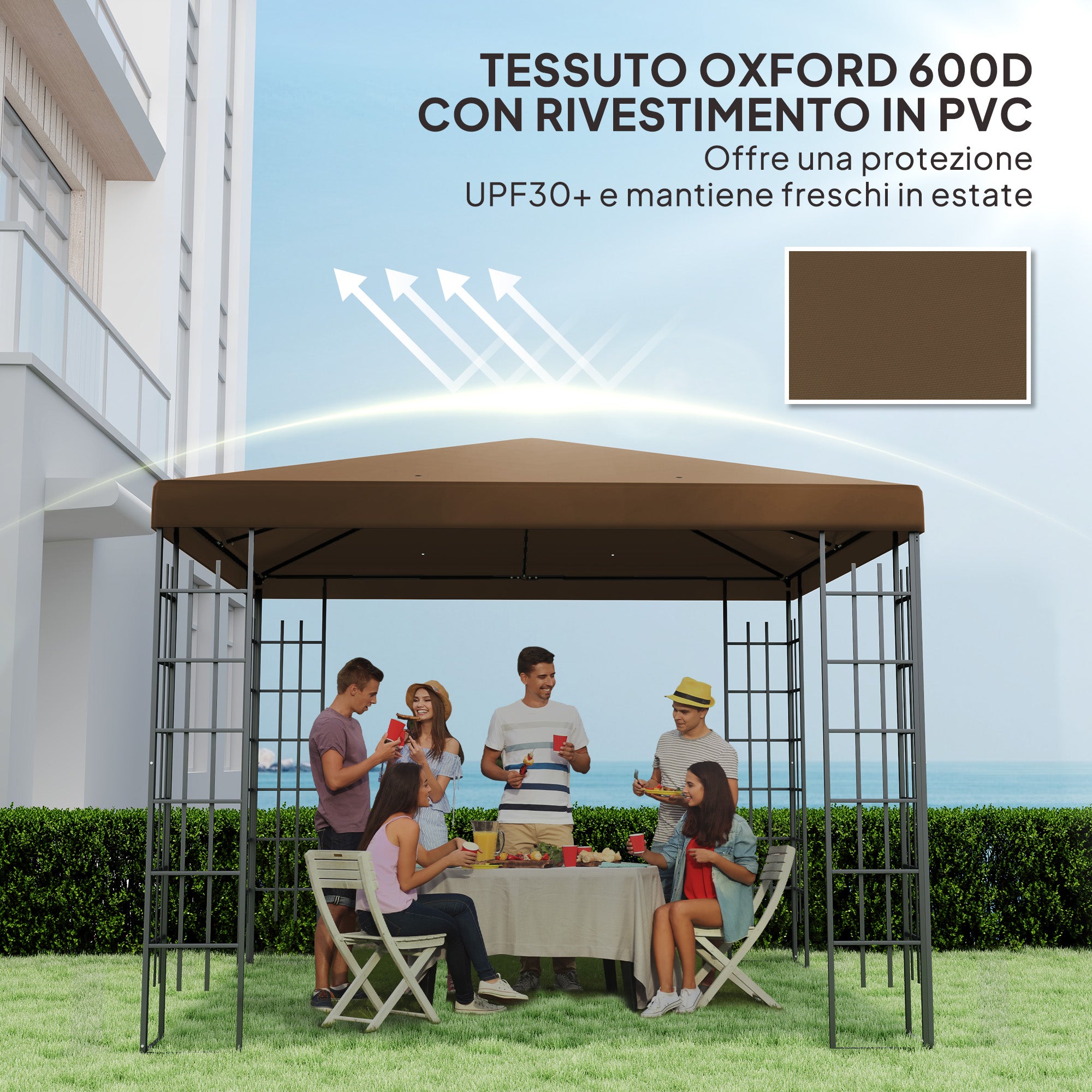 Replacement Roof for 3x3m Garden Gazebo, Water-Resistant Gazebo Cover in Brown Oxford 600D Fabric 370g/㎡ Anti-UV 30+ with 8 Drainage Holes