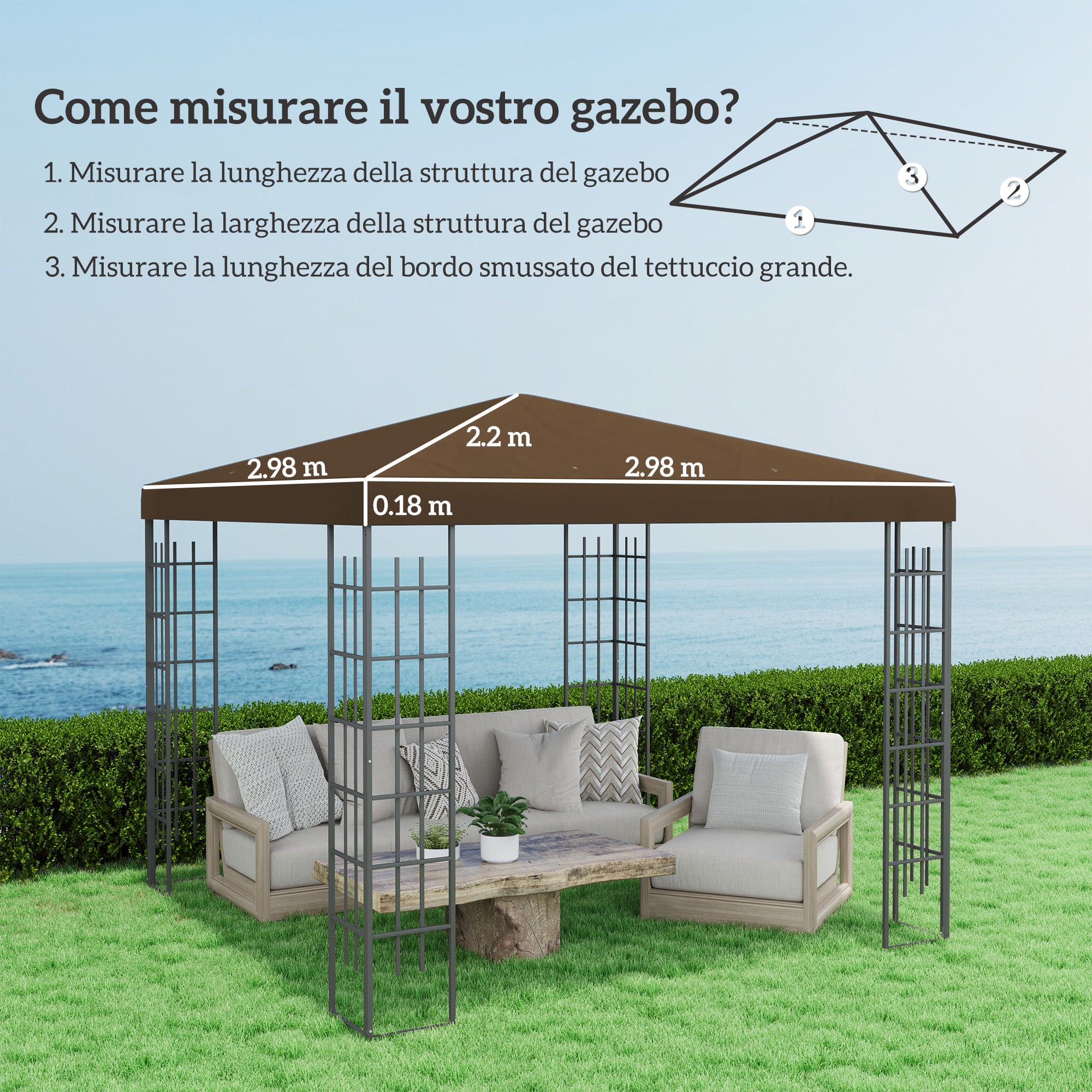 Replacement Roof for 3x3m Garden Gazebo, Water-Resistant Gazebo Cover in Brown Oxford 600D Fabric 370g/㎡ Anti-UV 30+ with 8 Drainage Holes