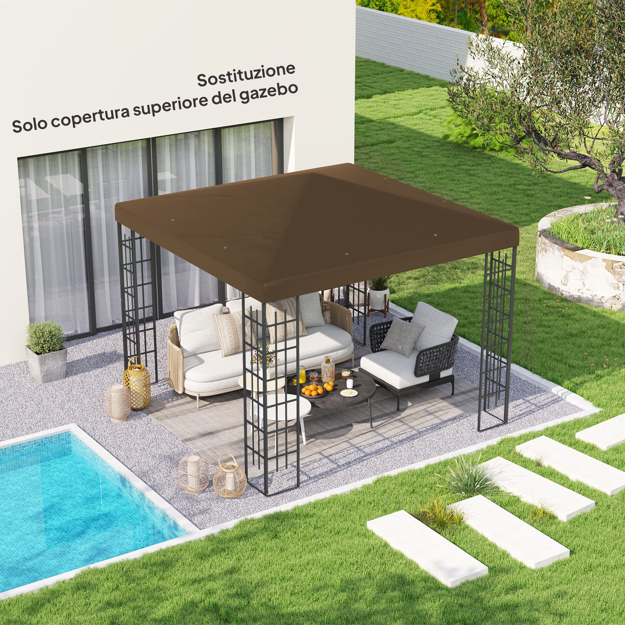 Replacement Roof for 3x3m Garden Gazebo, Water-Resistant Gazebo Cover in Brown Oxford 600D Fabric 370g/㎡ Anti-UV 30+ with 8 Drainage Holes