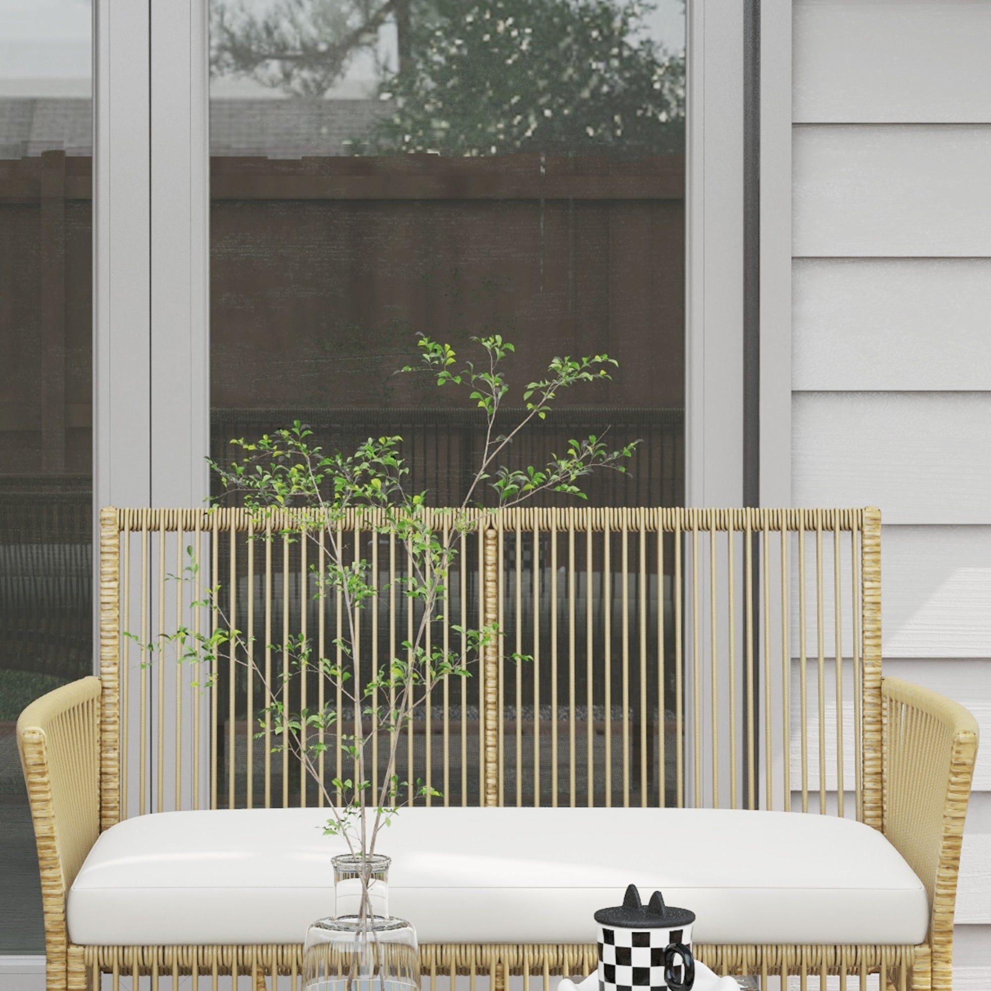 4-Piece Rattan Garden Furniture Set Patio Furniture with 1 2-Seater Sofa 2 Armchairs Cushions and 1 Glass Top Coffee Table for Outdoor Natural and Beige