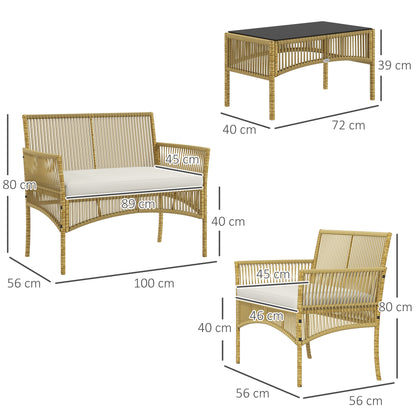 4-Piece Rattan Garden Furniture Set Patio Furniture with 1 2-Seater Sofa 2 Armchairs Cushions and 1 Glass Top Coffee Table for Outdoor Natural and Beige