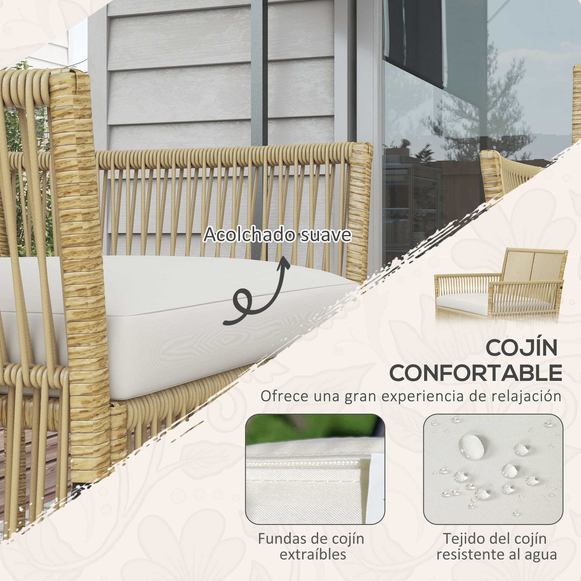 4-Piece Rattan Garden Furniture Set Patio Furniture with 1 2-Seater Sofa 2 Armchairs Cushions and 1 Glass Top Coffee Table for Outdoor Natural and Beige