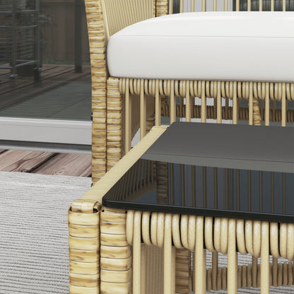 4-Piece Rattan Garden Furniture Set Patio Furniture with 1 2-Seater Sofa 2 Armchairs Cushions and 1 Glass Top Coffee Table for Outdoor Natural and Beige