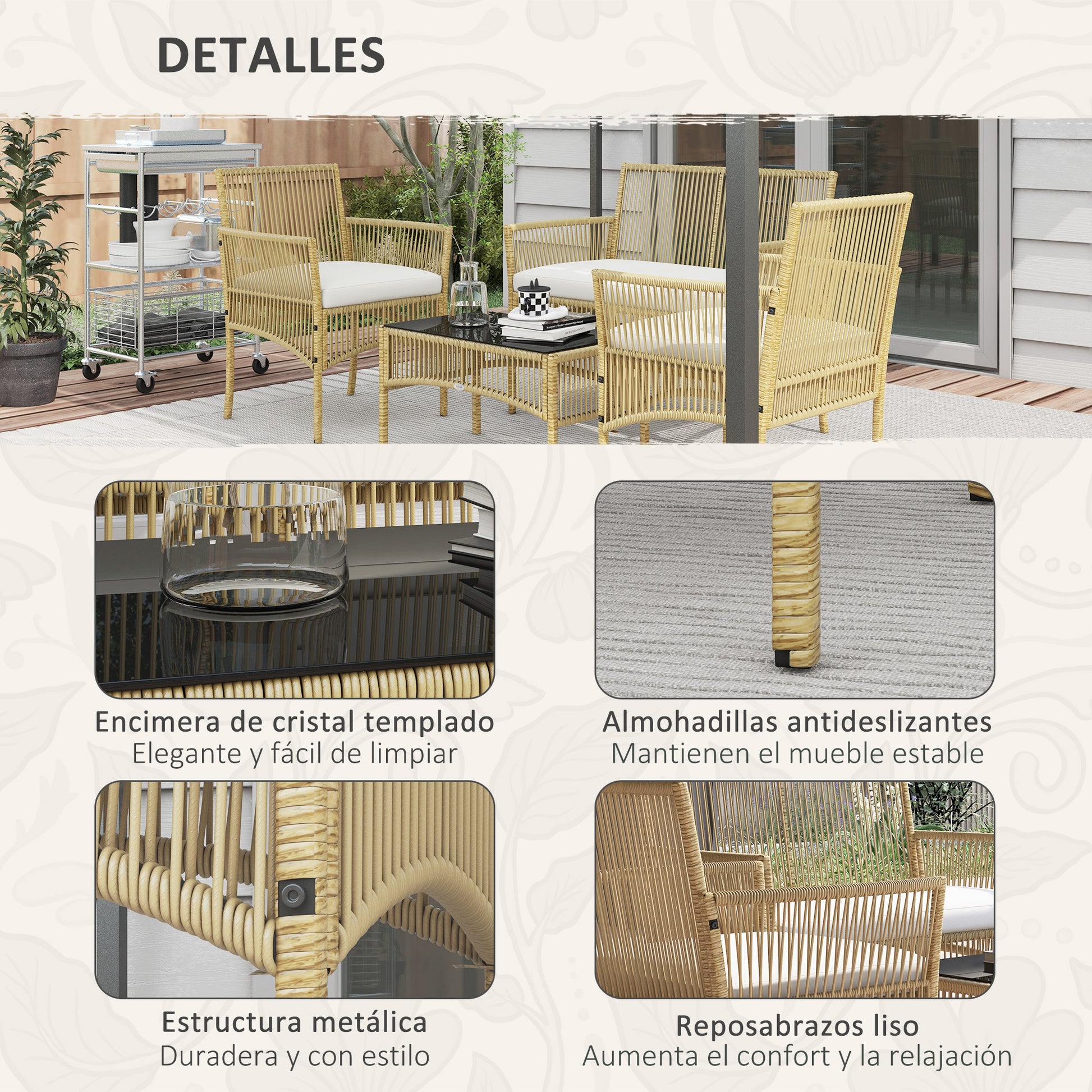 4-Piece Rattan Garden Furniture Set Patio Furniture with 1 2-Seater Sofa 2 Armchairs Cushions and 1 Glass Top Coffee Table for Outdoor Natural and Beige