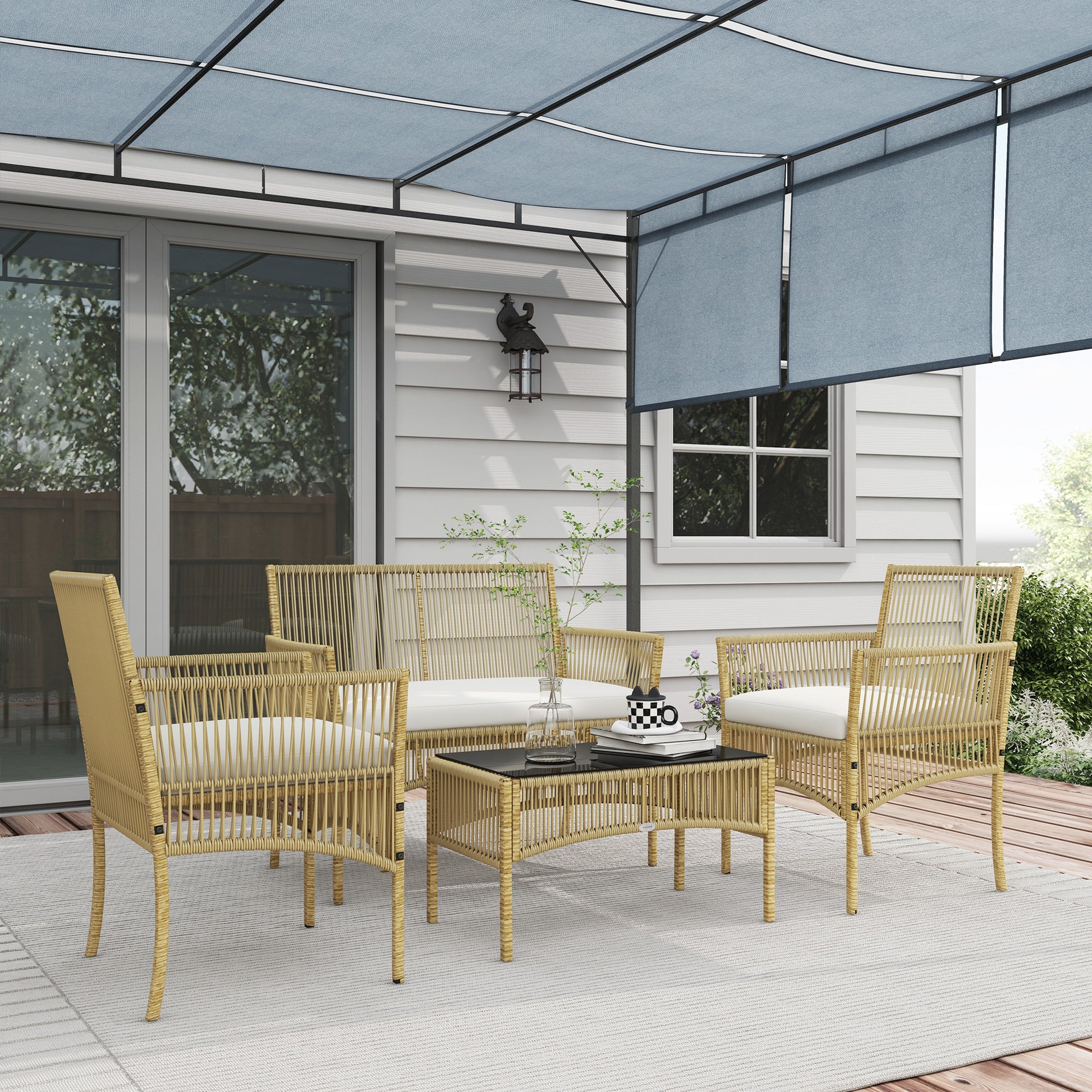 4-Piece Rattan Garden Furniture Set Patio Furniture with 1 2-Seater Sofa 2 Armchairs Cushions and 1 Glass Top Coffee Table for Outdoor Natural and Beige