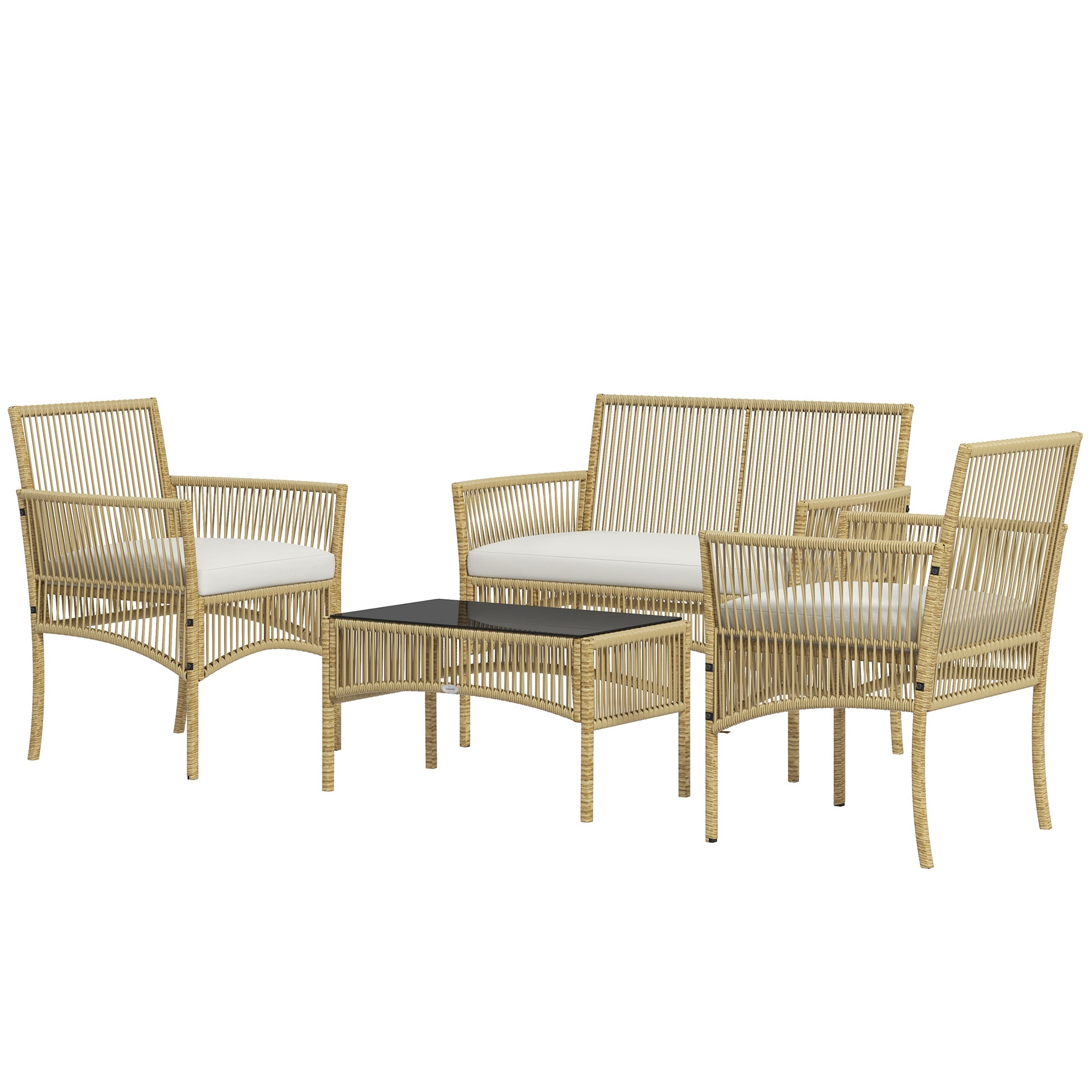 4-Piece Rattan Garden Furniture Set Patio Furniture with 1 2-Seater Sofa 2 Armchairs Cushions and 1 Glass Top Coffee Table for Outdoor Natural and Beige