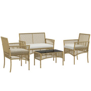 4-Piece Rattan Garden Furniture Set Patio Furniture with 1 2-Seater Sofa 2 Armchairs Cushions and 1 Glass Top Coffee Table for Outdoor Natural and Beige