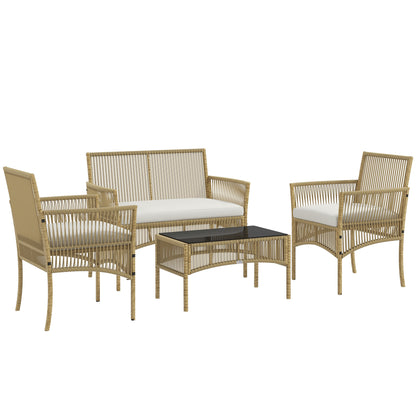 4-Piece Rattan Garden Furniture Set Patio Furniture with 1 2-Seater Sofa 2 Armchairs Cushions and 1 Glass Top Coffee Table for Outdoor Natural and Beige