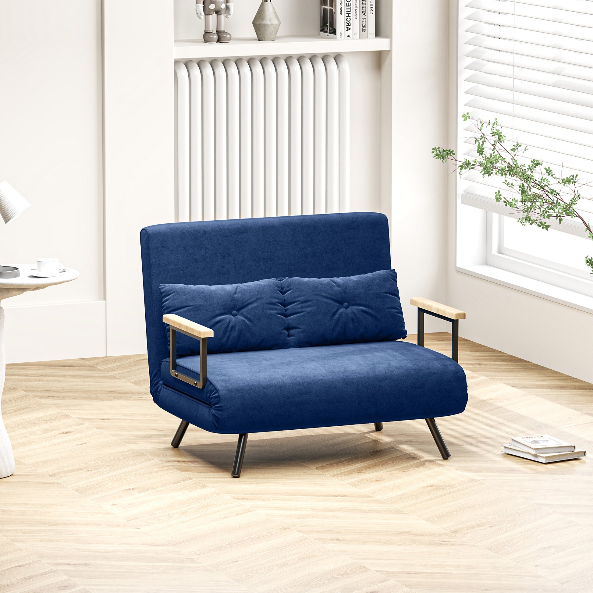 2-Seater Adjustable Backrest Sofa Bed, Fold-Out Double Sofa Bed with 2 Pillows for Living Room, Upholstered Fabric, Steel and Wood, 102x73x81 cm, Blue
