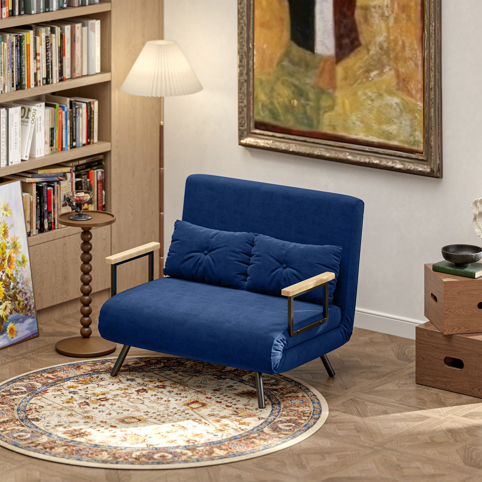 2-Seater Adjustable Backrest Sofa Bed, Fold-Out Double Sofa Bed with 2 Pillows for Living Room, Upholstered Fabric, Steel and Wood, 102x73x81 cm, Blue