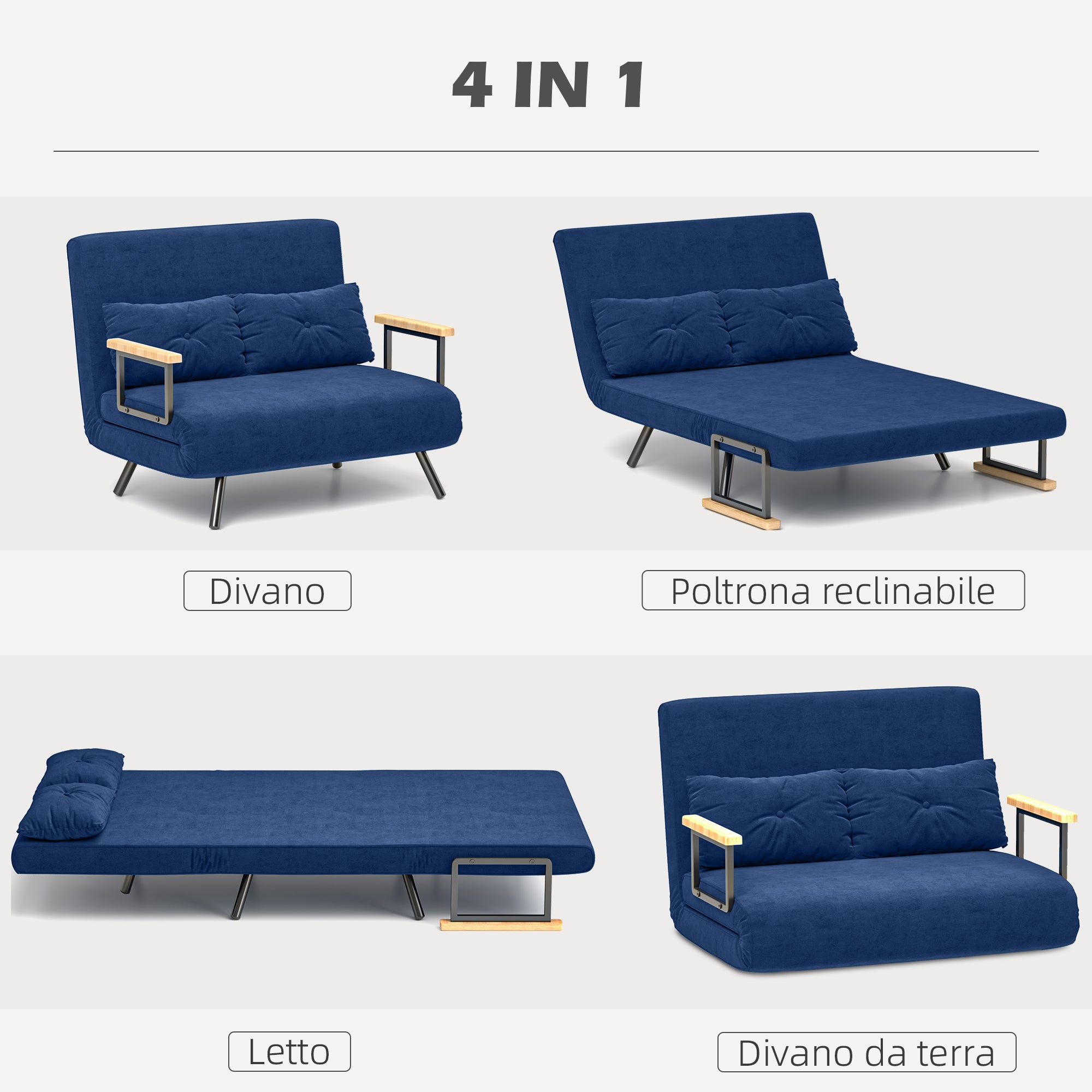 2-Seater Adjustable Backrest Sofa Bed, Fold-Out Double Sofa Bed with 2 Pillows for Living Room, Upholstered Fabric, Steel and Wood, 102x73x81 cm, Blue