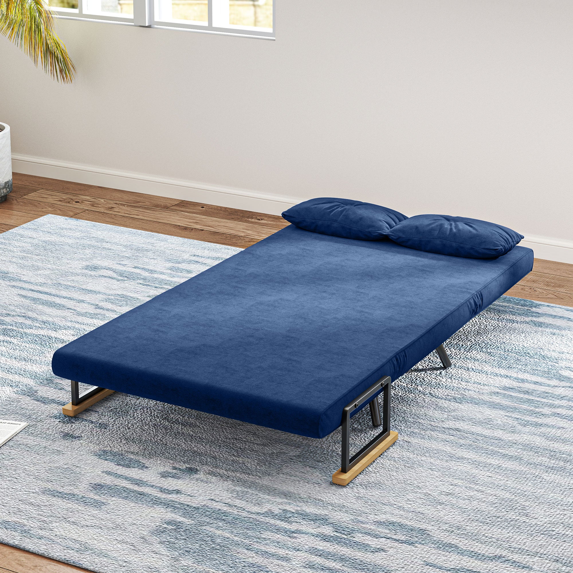2-Seater Adjustable Backrest Sofa Bed, Fold-Out Double Sofa Bed with 2 Pillows for Living Room, Upholstered Fabric, Steel and Wood, 102x73x81 cm, Blue
