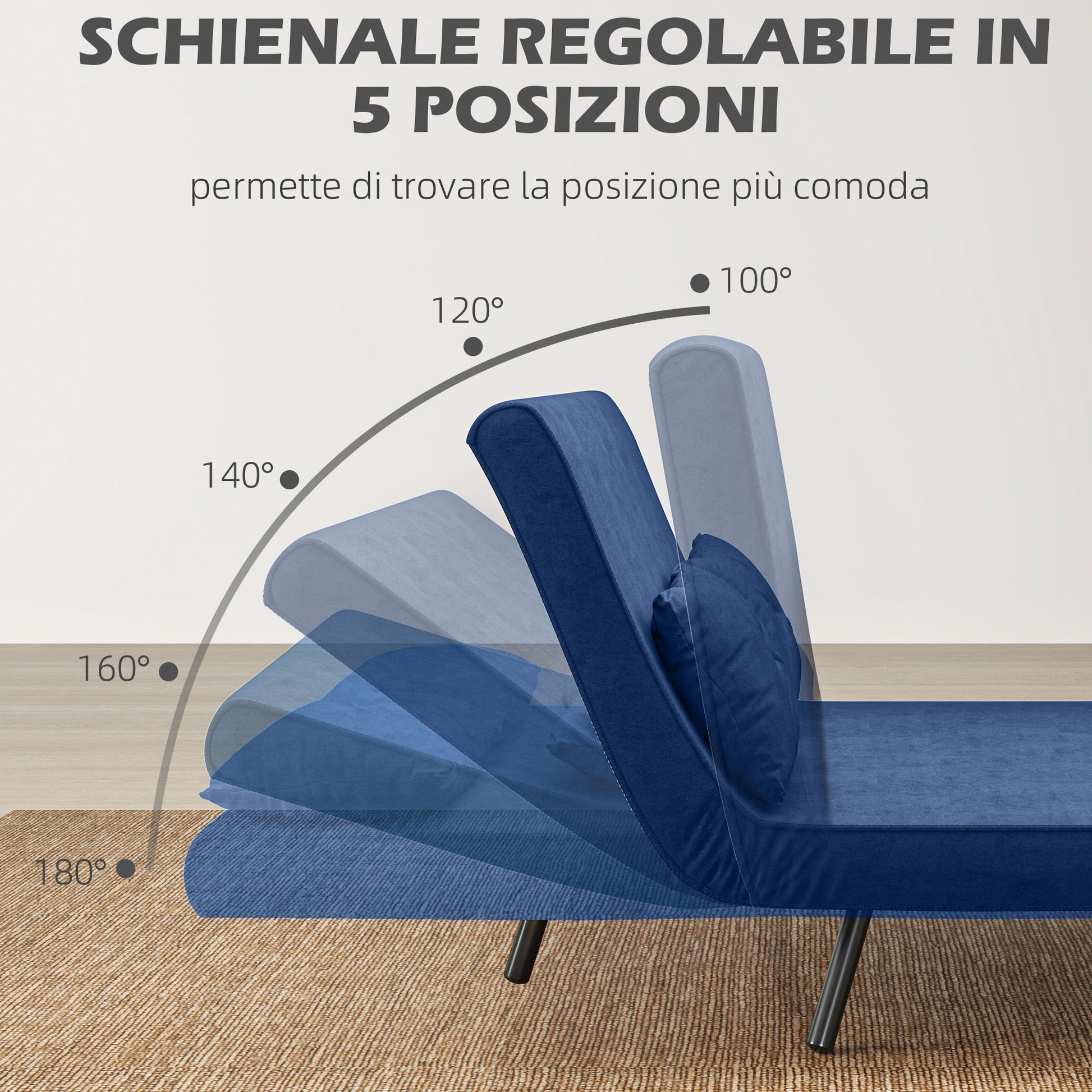2-Seater Adjustable Backrest Sofa Bed, Fold-Out Double Sofa Bed with 2 Pillows for Living Room, Upholstered Fabric, Steel and Wood, 102x73x81 cm, Blue
