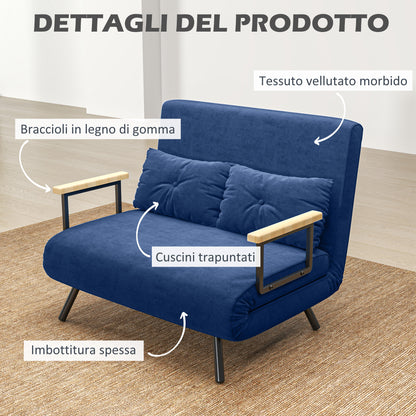 2-Seater Adjustable Backrest Sofa Bed, Fold-Out Double Sofa Bed with 2 Pillows for Living Room, Upholstered Fabric, Steel and Wood, 102x73x81 cm, Blue