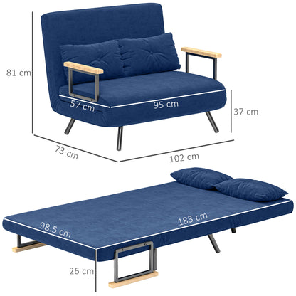2-Seater Adjustable Backrest Sofa Bed, Fold-Out Double Sofa Bed with 2 Pillows for Living Room, Upholstered Fabric, Steel and Wood, 102x73x81 cm, Blue