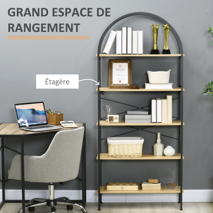 5-tier Storage Shelf Bookcase high rounded arch industrial-style - 80 x 28 x 179 cm natural black