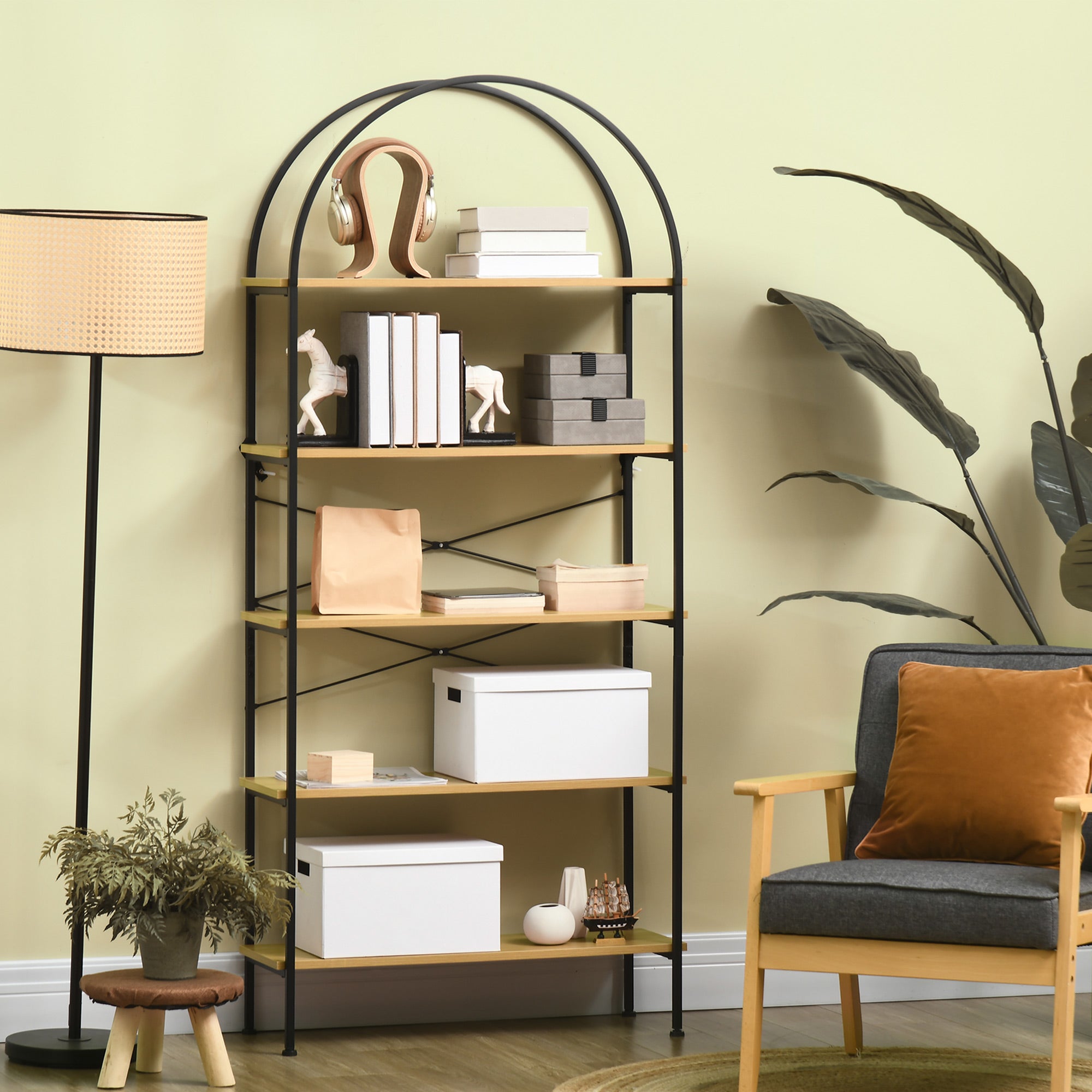 5-tier Storage Shelf Bookcase high rounded arch industrial-style - 80 x 28 x 179 cm natural black